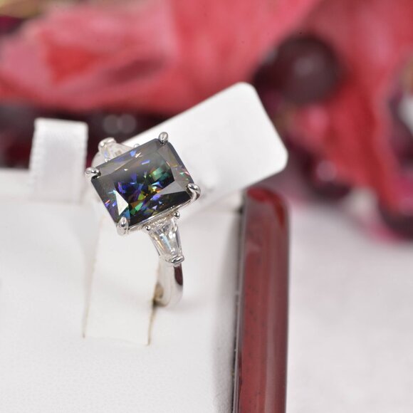 Certified 5.5ct Rainbow Blue Emerald Cut Engagement Moissanite Ring 925 - Picture 3 of 4